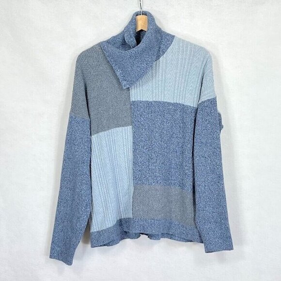 FDJ French Dressing Jeans Patchwork Cable Knit Turtleneck Sweater Blue XL - Picture 1 of 10